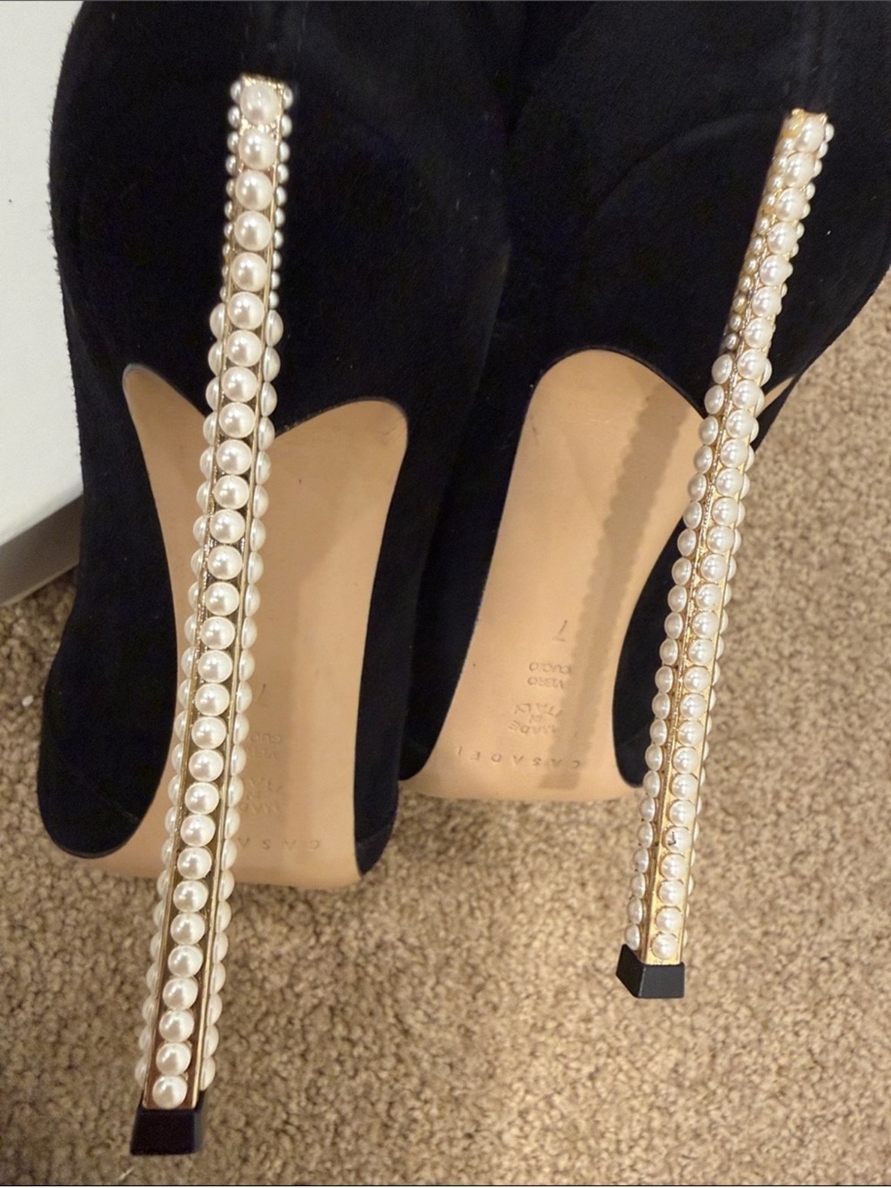 Casadei Black Suede Over The Knee Pearl Heel Boots 37 / US 7 Statement Luxury - Picture 9 of 10
